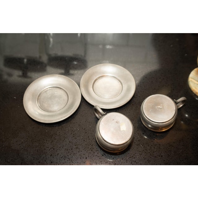 Lovely vintage set of two Pewter Espresso cups and saucers in nice vintage condition.