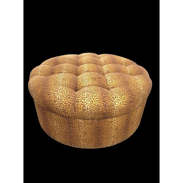 Ralph Lauren Massive Round Upholstered Tufted Leopard Ottoman For Sale - Image 4 of 7