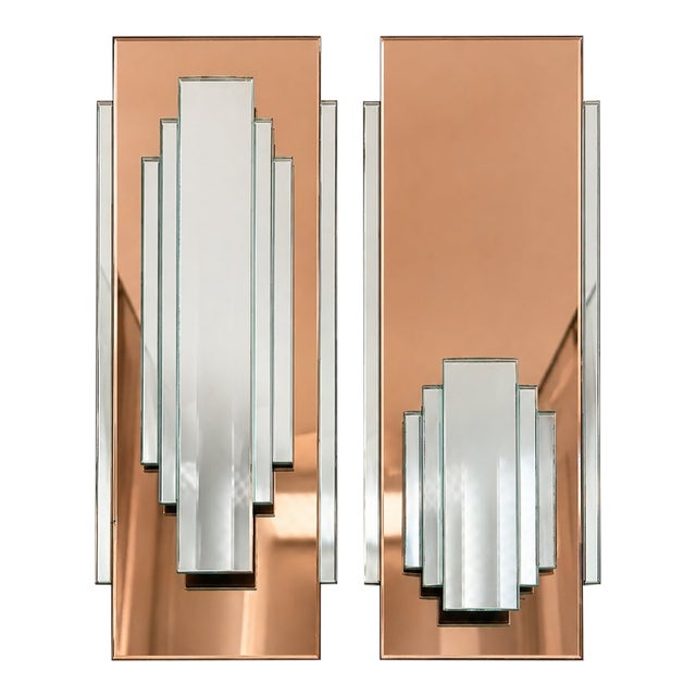 Vintage Art Deco Copper Mirror Wall Panels – Post Modern Geometric Pair For Sale
