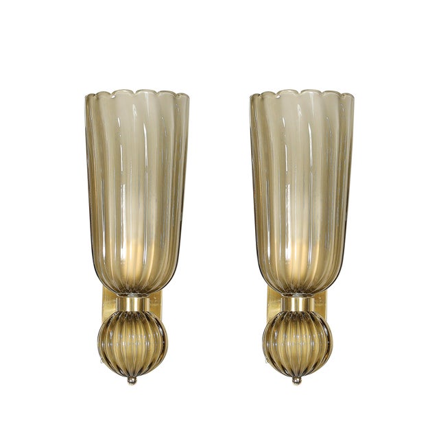 Amber Pair of Modernist Hand-Blown Murano Fluted Glass Sconces in Frosted Smoked Topaz For Sale - Image 8 of 18