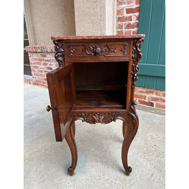 Antique French Nightstand Cabinet Marble Top Louis XV Carved Walnut C1890 For Sale - Image 10 of 18