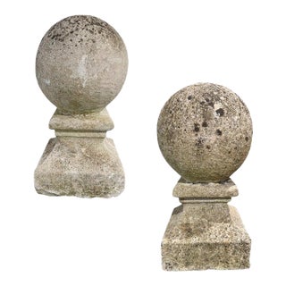 19th Century Pair of French Antique Stone Ball Finials For Sale