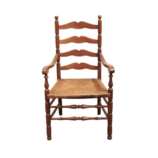 American Statton Furniture Solid Hard Rock Maple Colonial Early American Ladder Back Dining Arm Chair W. Rush Seat For Sale - Image 3 of 11