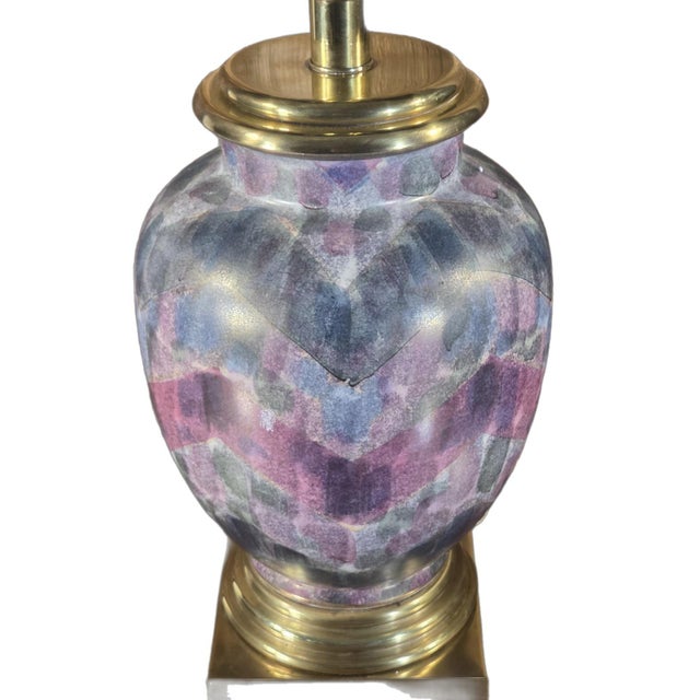 Frederick Cooper ginger jar table lamp in purple-blue chevron art pottery, mounted on a brass base. Harp included; no...