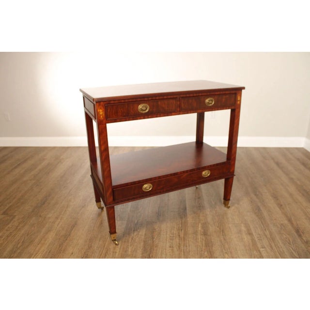 High Quality Two-Tier Inlaid Mahogany Server with Two Drawers Over Single Drawer, Mounted on Rolling Casters