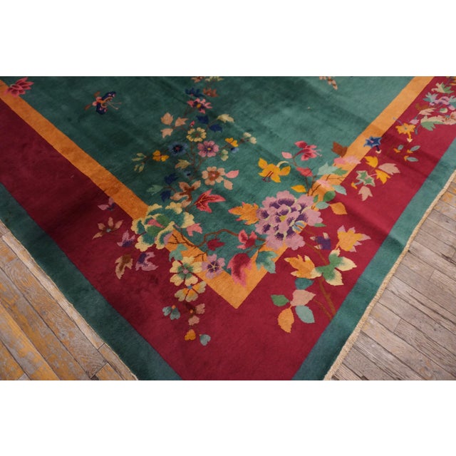 Early 20th Century 1920s Green Floral Antique Chinese Art Deco Rug 9' X 11'8" Handknotted Wool Carpet For Sale - Image 5 of 13