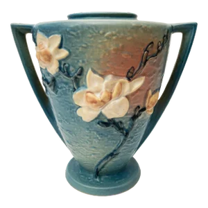 1940's Roseville Pottery Blue Magnolia Amphora Vase, Double Handled 94-9