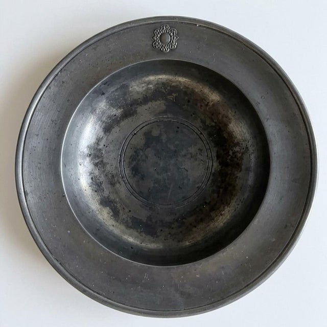 Antique European Pewter Porringer & Deep Plate Set, Rosette Marked, 9" For Sale - Image 4 of 9