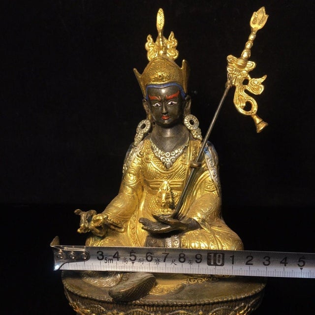 Late 20th Century Gilt Bronze Padmasambhava Statue, Tibetan Buddhist Figure, 900g For Sale In Los Angeles - Image 6 of 9