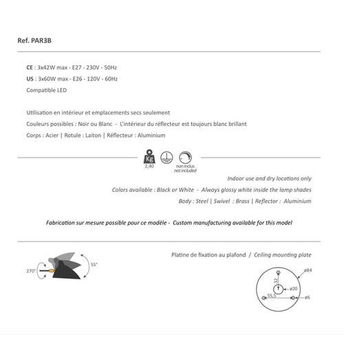 Modern White Three Fixed Arms Spider Ceiling Lamp from Serge Mouille For Sale - Image 4 of 6