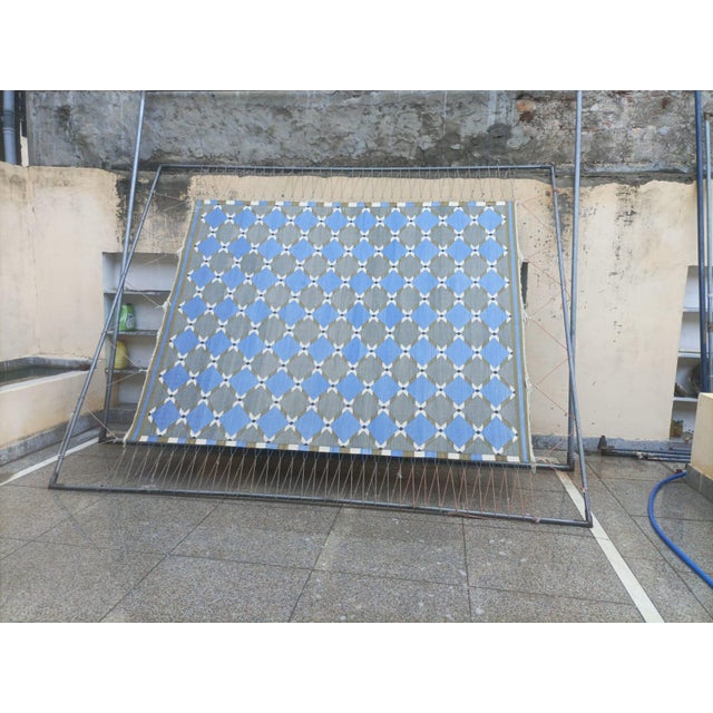 Handwoven Cotton Area Rug, Grey, Sky Blue, Green and Cream Geometric Dhurrie - 12'x15' For Sale - Image 13 of 13