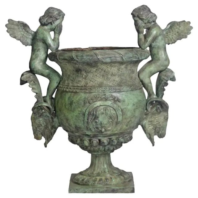 Metal Classical Style Cast Bronze Verde Patina Urn With Two Cupids and Rams' Heads For Sale - Image 7 of 7