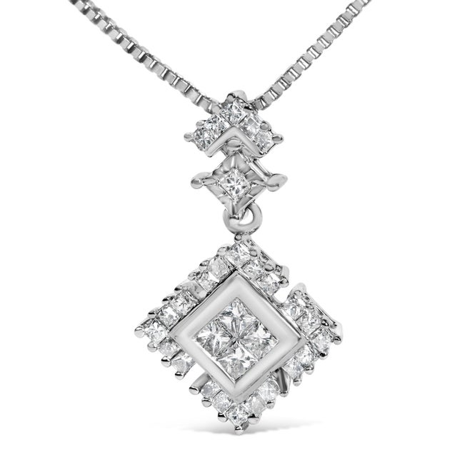 Contemporary 10K White Gold 1/2 Cttw Princess Cut Rhombus Drop Pendant Necklace For Sale - Image 3 of 5