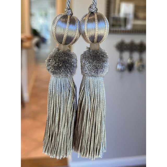 Pair of petite, vintage-style key tassels in a cool bluestone color with plush aqua/gray cut velvet ruche. Tassels are...