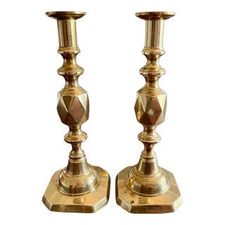 Antique Queen of Diamonds Brass Candlesticks Pair-Victorian English-1897 Jubilee For Sale