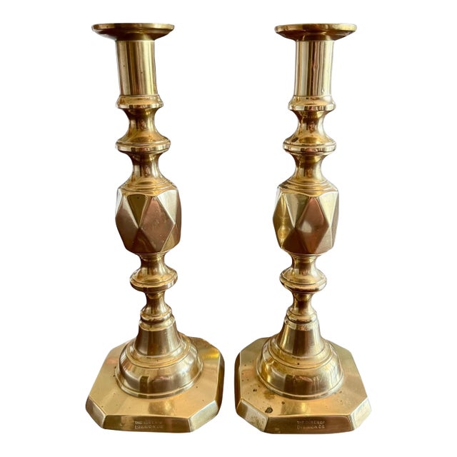 Antique Queen of Diamonds Brass Candlesticks Pair-Victorian English-1897 Jubilee For Sale