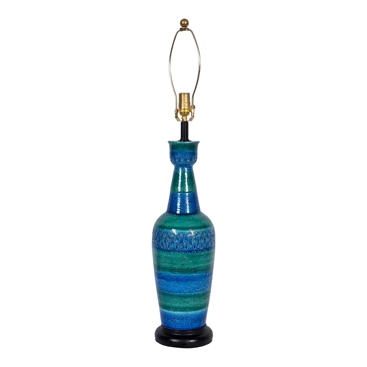 Aldo Londi Bitossi Incised Blue & Green Table Lamp, 1950's | Chairish
