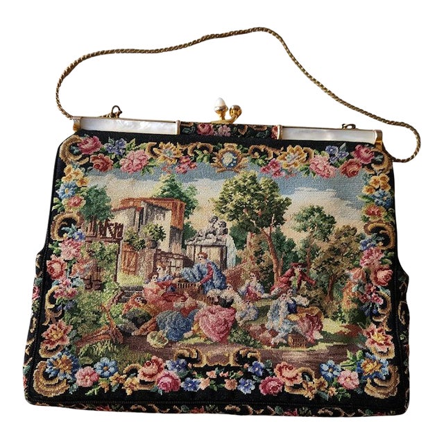 1930s Italian Petit Point Evening Bag Mother of Pearl For Sale