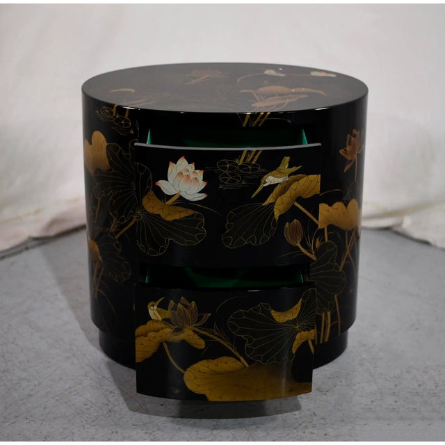 Black 1970s Vintage Chinoiserie Oval 2 Drawer Chest With Birds & Lotus For Sale - Image 8 of 9