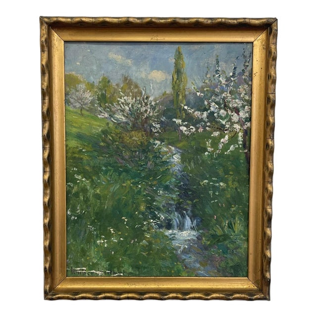 Vintage Impressionist Spring Landscape Painting With Stream in Gilt Toned Frame - Signed For Sale