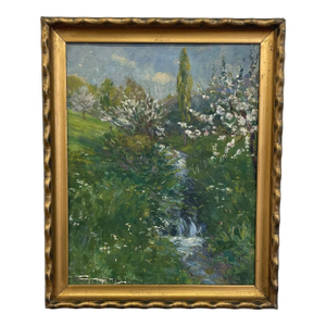 Vintage Impressionist Spring Landscape Painting With Stream in Gilt Toned Frame - Signed