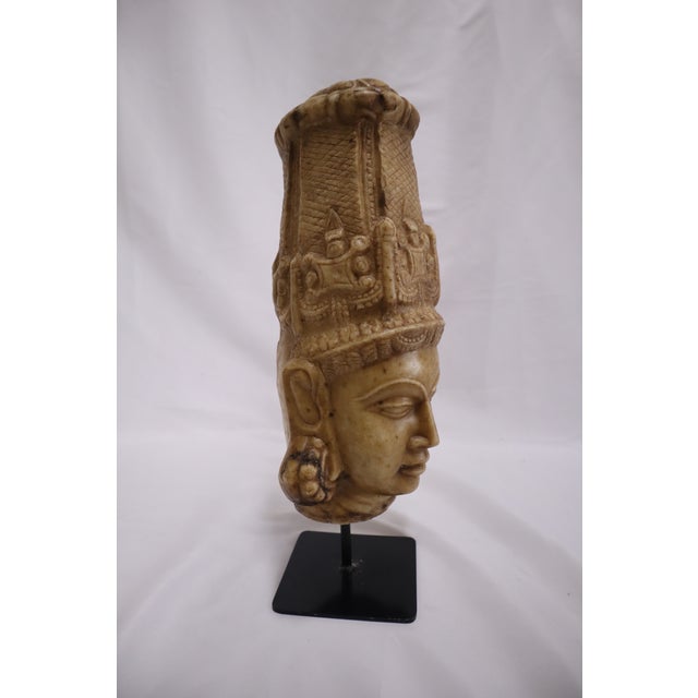 Sand Hand Carved Stone Head of Indian Deity Statue on Stand For Sale - Image 8 of 12