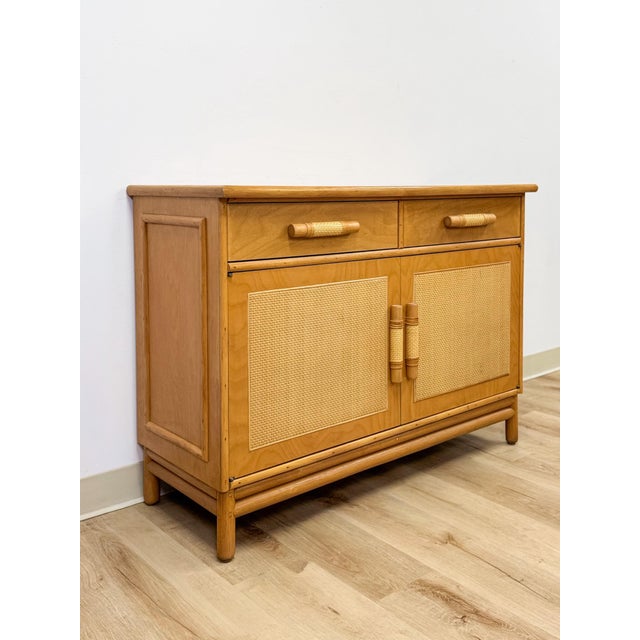Hollywood Regency Vintage Coastal Wicker Rattan Blonde Buffet Natural Wood Two Drawer Cabinet For Sale - Image 3 of 18