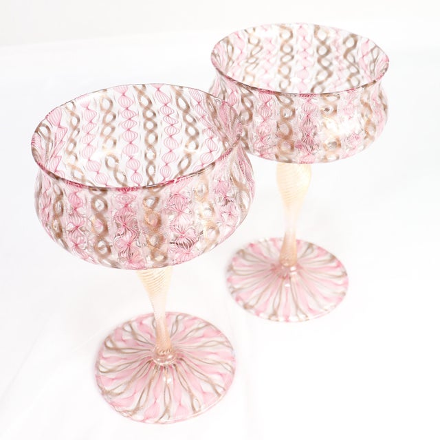 Pink Pair of Venetian / Salviati Murano Glass Latticino Toasting Champagne Glasses For Sale - Image 8 of 15