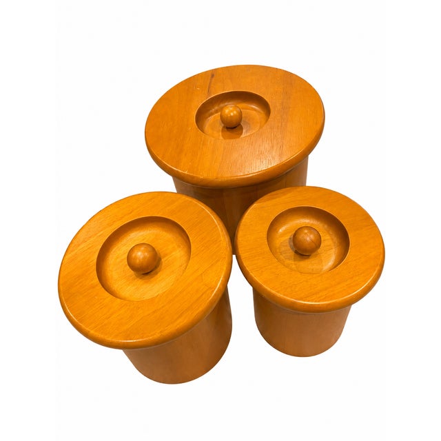 Sienna Vintage Scandinavian Style Turned Wood Canister Set – Set of 3 Danish Modern Kitchen Containers For Sale - Image 8 of 8