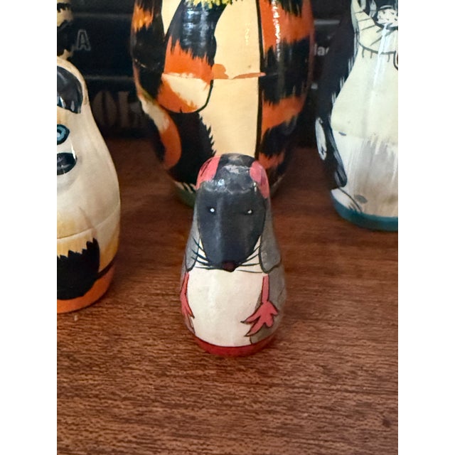 Black Hand-Painted Folk Art Cat and Mouse Nesting Dolls - Set of 5 For Sale - Image 8 of 11