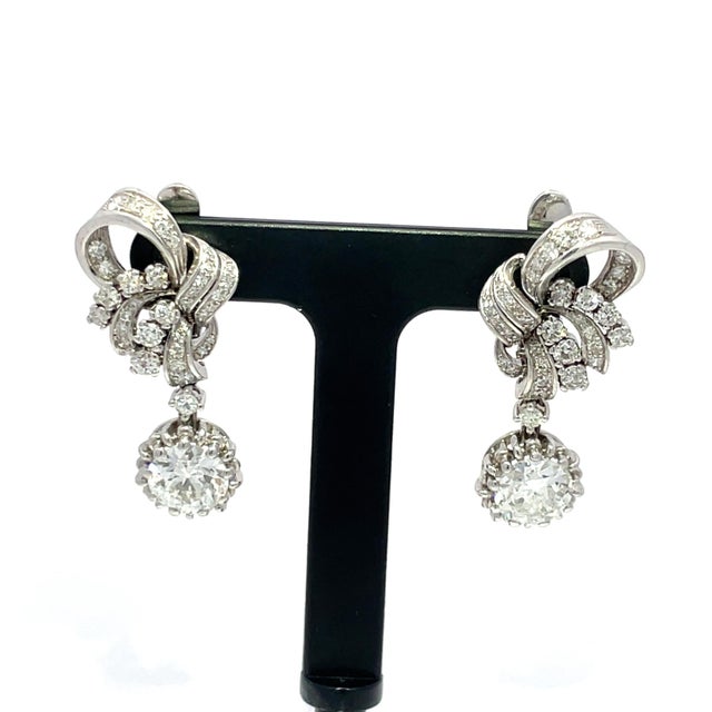 Mid 20th Century Mid 20th Century Gia Certified 5.00 Carat Weight Diamond Vintage Old European Platinum Earrings, A Pair For Sale - Image 5 of 6