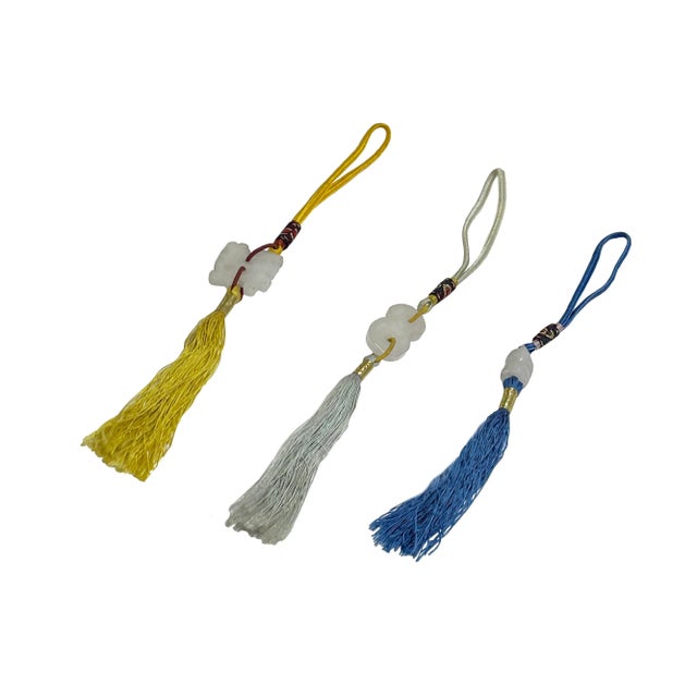 Chinese Set 3 Chinese Jade Stone Carved Accent Charm Tassel Display Art For Sale - Image 3 of 4
