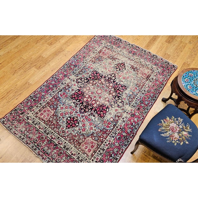 19th Century 19th Century Persian Kerman Lavar Rug, Hand-Knotted Wool, Floral Patter, Red & Ivory, 5x7 For Sale - Image 5 of 18