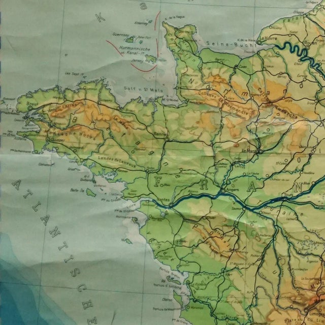 Vintage France Benelux Countries, South England Rollable Map Wall Chart For Sale - Image 4 of 8