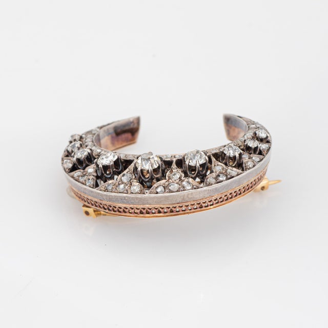 Victorian Antique Portuguese 1.50ct Diamond Crescent Moon Brooch 19k Gold Silver Jewelry For Sale - Image 3 of 4