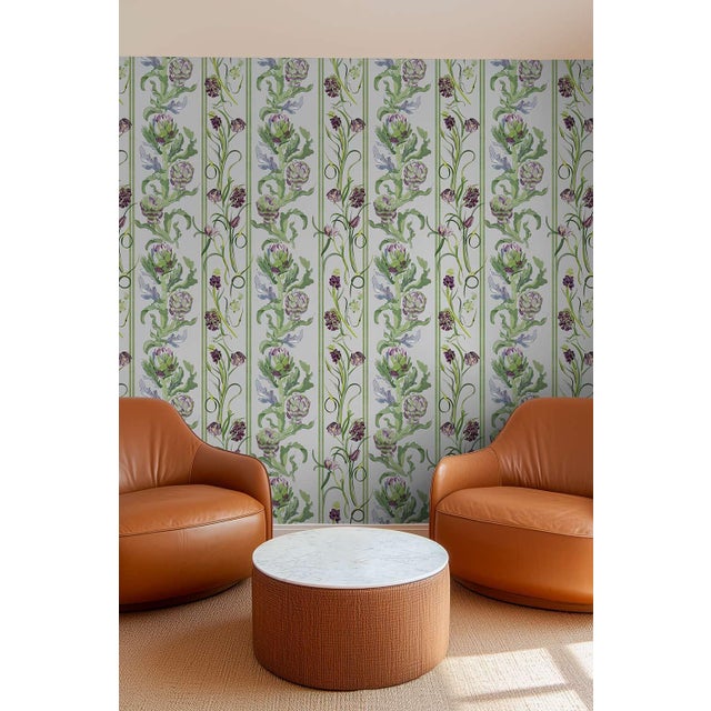 Lavender Artichoke Stem Stripe Grasscloth Wallpaper by House Party | Terra Verde | 8 Yards For Sale - Image 8 of 11