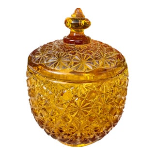 Vintage Smith Glass Daisy & Button Amber Candy Box & Lid For Sale