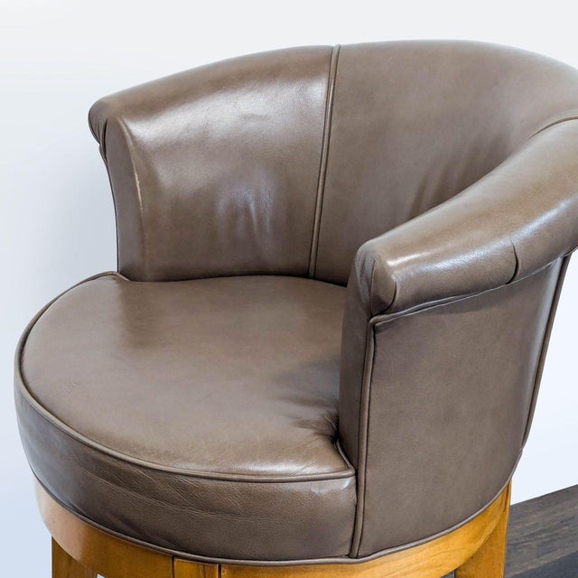 Brown Leather Swivel Bar Stool With Wooden Legs and Footrest For Sale In San Francisco - Image 6 of 7