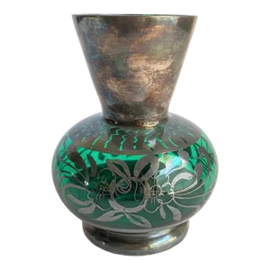 Vintage Art Nouveau Emerald Green Vase Floral Scroll Sterling Silver Overlay Petite