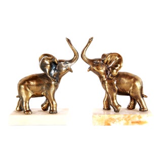 Vintage Brass Elephants & Marble Bookends - a Pair For Sale