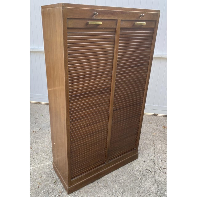 Brown Oak Double-Column Roll-Top Filing Cabinet, 1950s For Sale - Image 8 of 18