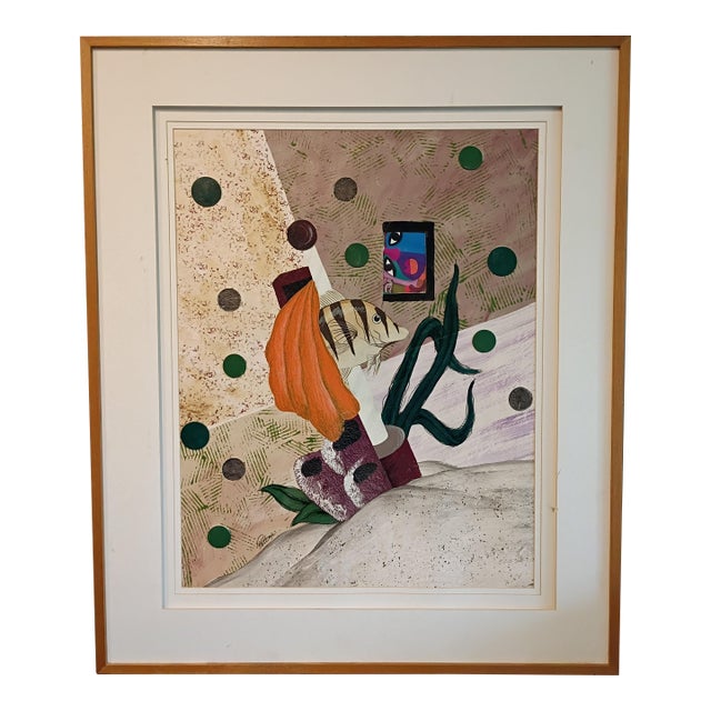 Signed by 'Peters' Large Mid-Century Style Modern Abstract Fish Mixed Media Collage - Framed For Sale