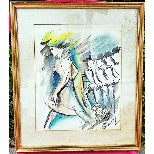1970s Parisian Period Original Watercolor Painting by Zamy Steynovitz, Framed For Sale - Image 11 of 11