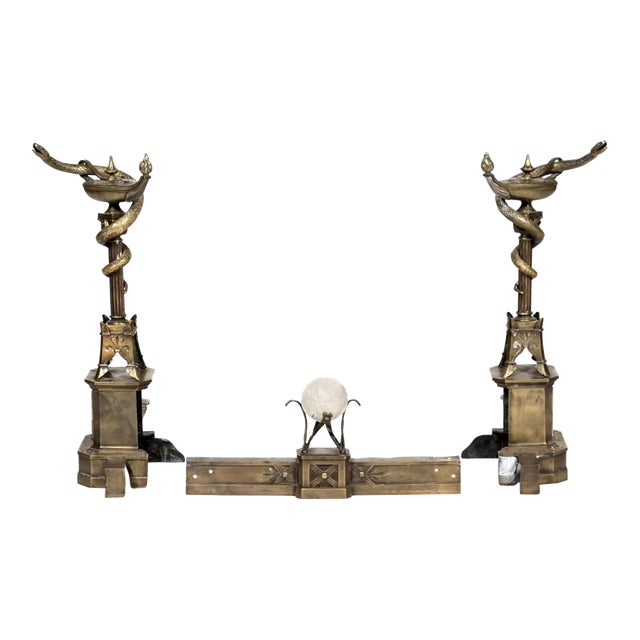 1800s Bronze Neo-Grecian Andirons With Mystical Lamp of Wisdom and Entwined Snakes Serpents - 3 Pieces For Sale