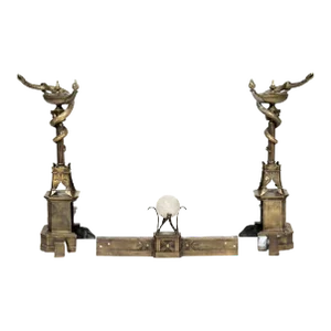 1800s Bronze Neo-Grecian Andirons With Mystical Lamp of Wisdom and Entwined Snakes Serpents - 3 Pieces