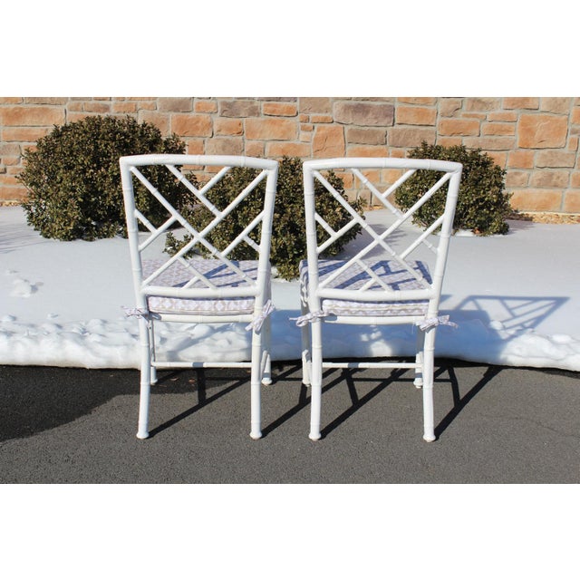 Hollywood Regency Chinoiserie Faux Bamboo Aluminum Patio Chairs—Set of 6 For Sale - Image 9 of 18