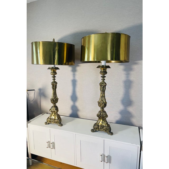 Brass Antique Palatial Baroque Style Brass Lamps With Brass Shades - a Pair For Sale - Image 8 of 12