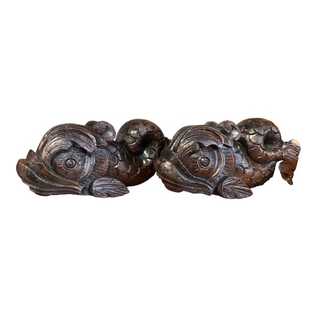 Pair of Antique Carved Wooden Corbels- Classical Dolphin For Sale