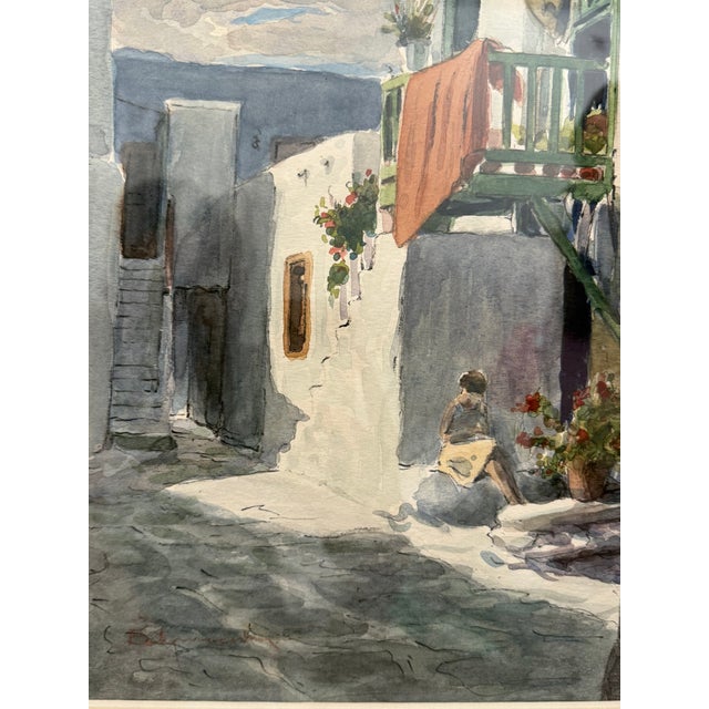 Coastal 1960s Mediterranean Coastal & Village Scenes Original Watercolor in Custom Silver Leaf Frame For Sale - Image 3 of 5