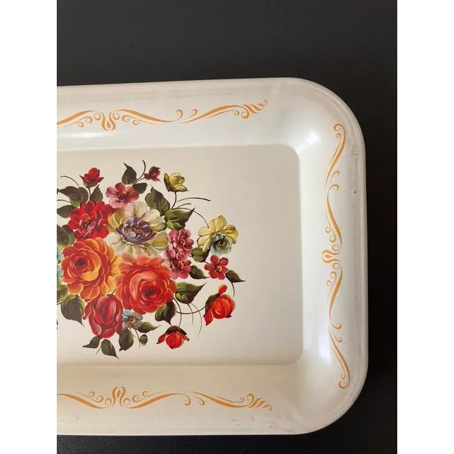 Vintage Victorian Floral Red Roses & Ivory Toleware Tray or Coaster For Sale - Image 9 of 12